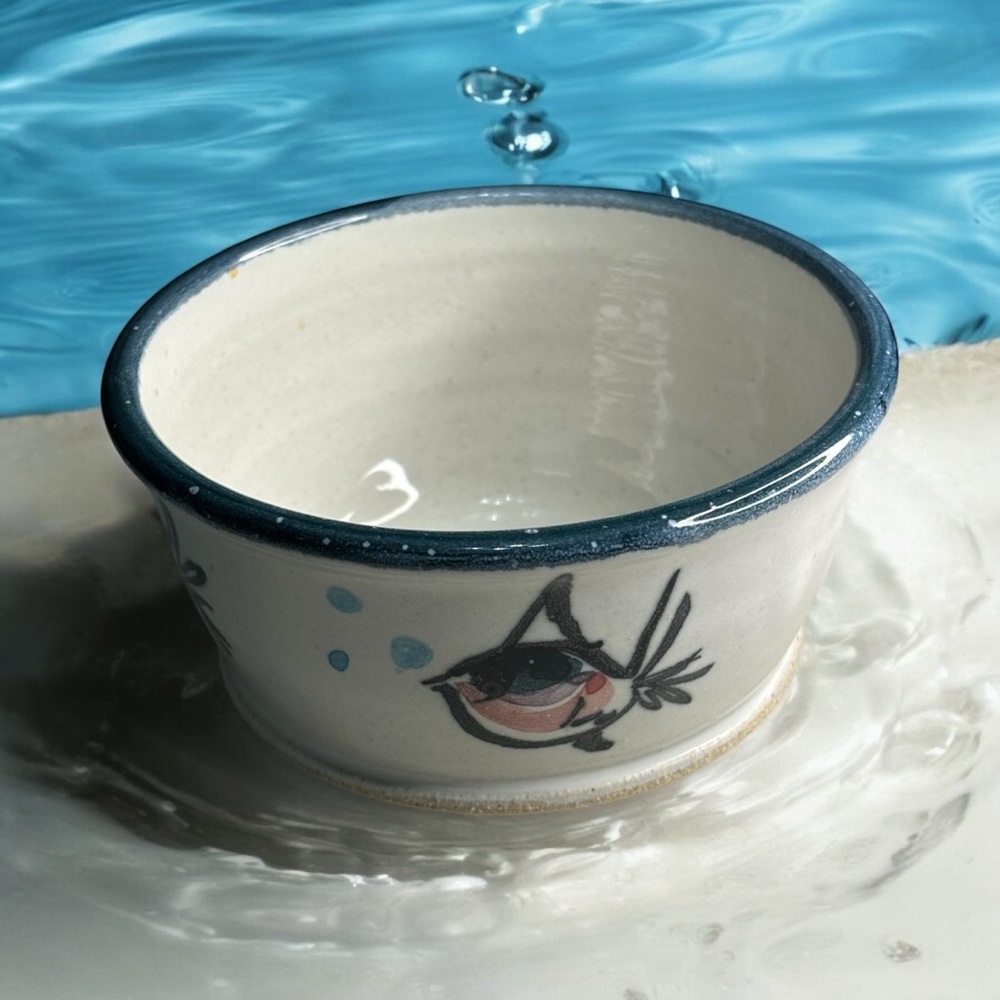 1991 Mississippi Mud Pottery Trinket Dish Cat Bowl Handcrafted Fish & Bubbles